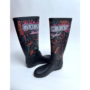 Burberry NWOT Black 20mm Pip Field Doodle Graffiti Rubber Rain Boots Size 35